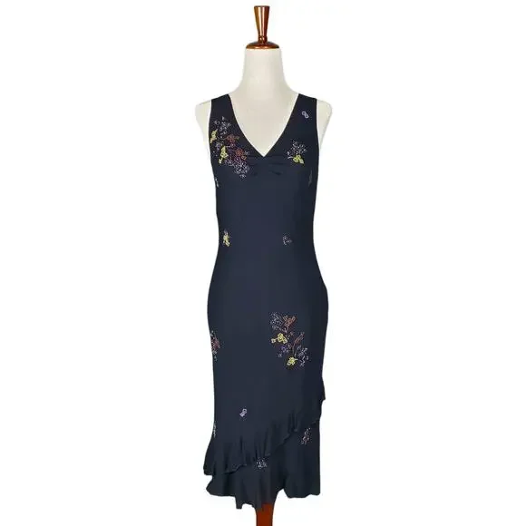 Y2k Sue Wong Silk Fairycore Beaded Bias Cut Midi Dress Vintage - Size 6